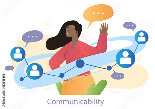 Smiling female character is talking to a lot of people to show her communicability on white background. Concept of trying to use best qualities to succeed at job. Flat cartoon vector illustration