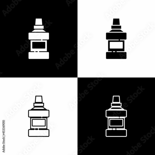 Set Mouthwash plastic bottle and glass icon isolated on black and white background. Liquid for rinsing mouth. Oralcare equipment. Vector