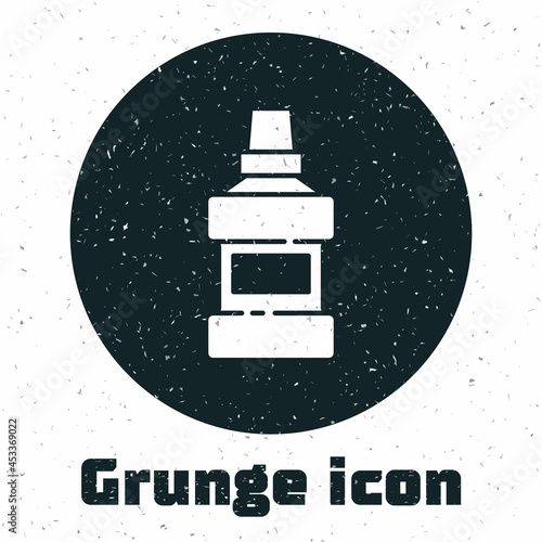 Grunge Mouthwash plastic bottle and glass icon isolated on white background. Liquid for rinsing mouth. Oralcare equipment. Monochrome vintage drawing. Vector
