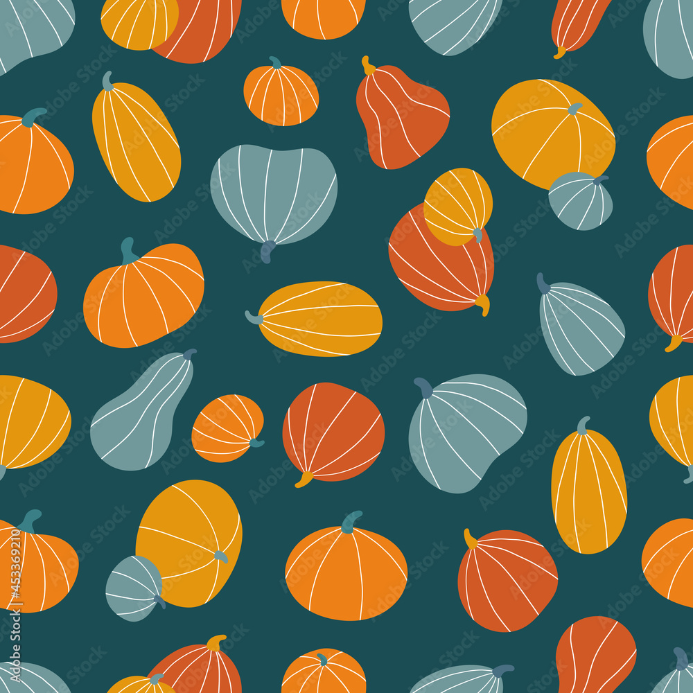 Seamless pattern with hand drawn stylized pumpkins on dark green background. Doodle vegetables for Halloween and Thanksgiving day. Autumn vector illustration. Seamless pattern with hand drawn stylized pumpkins on dark green background. Doodle vegetables for Halloween and Thanksgiving day. Autumn vector illustration.