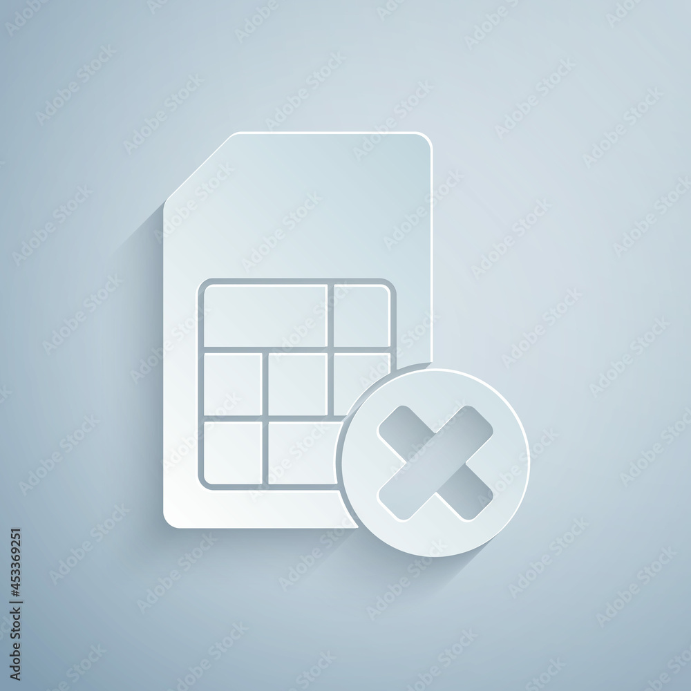 Paper cut Sim card rejected icon isolated on grey background. Mobile cellular phone sim card chip. Mobile telecommunications technology symbol. Paper art style. Vector Paper cut Sim card rejected icon isolated on grey background. Mobile cellular phone sim card chip. Mobile telecommunications technology symbol. Paper art style. Vector