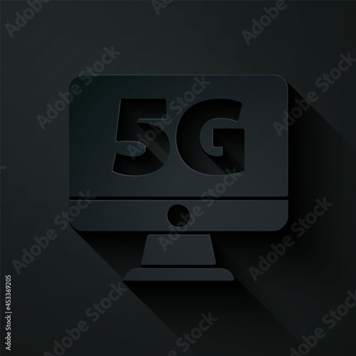 Paper cut Monitor with 5G new wireless internet wifi icon isolated on black background. Global network high speed connection data rate technology. Paper art style. Vector