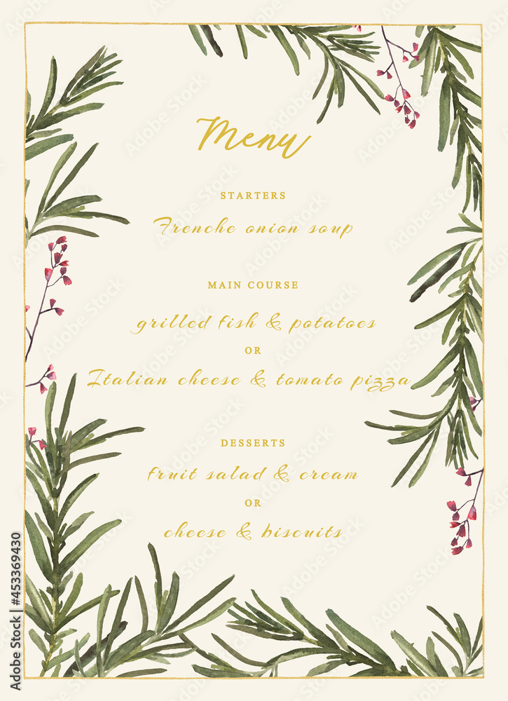 Menu with watercolor illustration of rosemary and golden frame. Vintage floral illustration