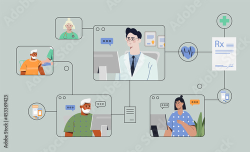 Male doctor is having patient visits via online meeting on grey background. Patients connecting online with their doctor for medical advice and prescriptions. Flat cartoon vector illustration