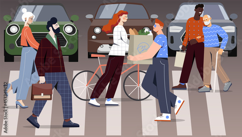 Crowd of people is crossing road at busy crosswalk in a big city. Diverse pedestrians and cyclists walking the street on zebra at green traffic light signal. Flat cartoon vecor illustration