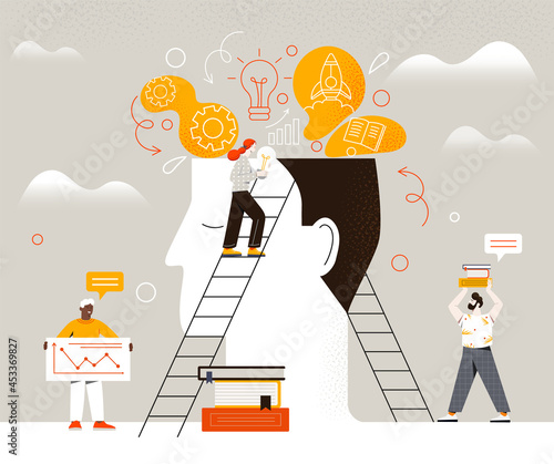 Male and female characters putting light bulb, books and rocket booster into human head to improve work skills. Concept of upskill, learning new skills to improve job. Flat cartoon vector illustration