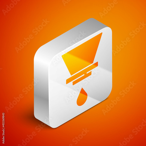 Isometric V60 coffee maker icon isolated on orange background. Silver square button. Vector