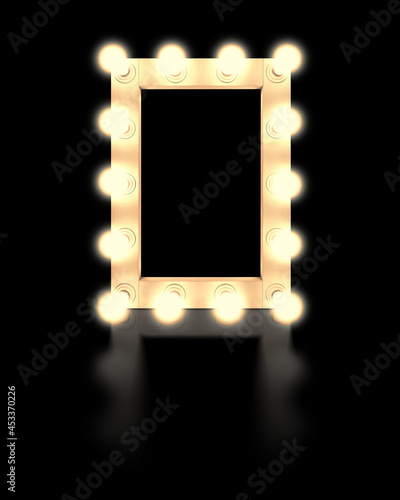 Vintage white mirror frame with glowing lamps, isolated on black background. Make-up mirror with built-in lamps. Professional luminous mirror with reflection. © oobqoo