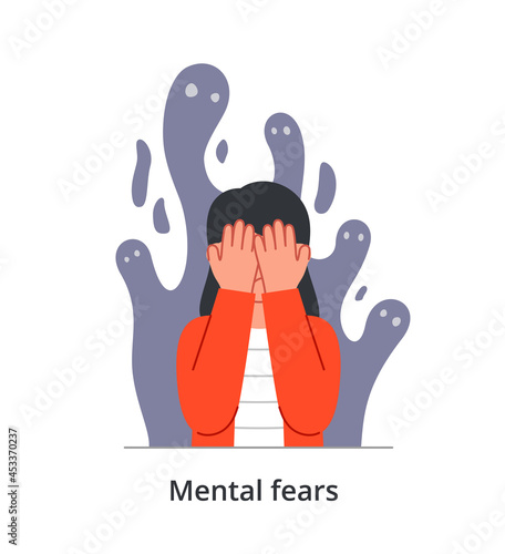 Scared young female character having mental fears is covering her face from monster behind on white background. People struggling with psychological disorder. Flat cartoon vector illustration