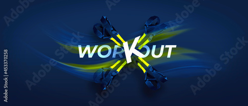 Banner for advertising. Call to action with the words Join Now workout on a dark background in yellow letters. Fitness concept advertising workout and healthy lifestyle.