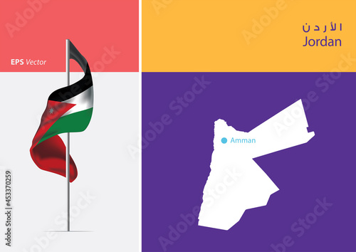 Flag of Jordan on white background. Map of Jordan with Capital position - Amman. The script in Arabic means Jordan
