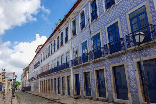tiled facade of historic colonial building in Sao Luis downtown, Maranhao, Brazil photo