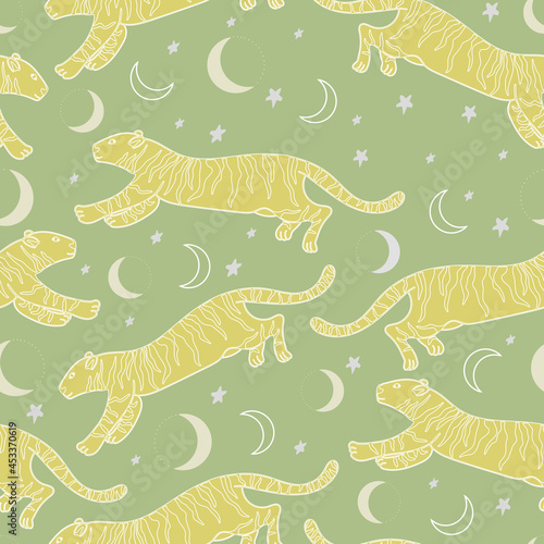 Vector seamless design of tiger contours with elements of the moon  month and stars. Wildlife. Colorful pattern. Design for fabric  packaging  posters  textiles  wallpaper  posters  prints. 