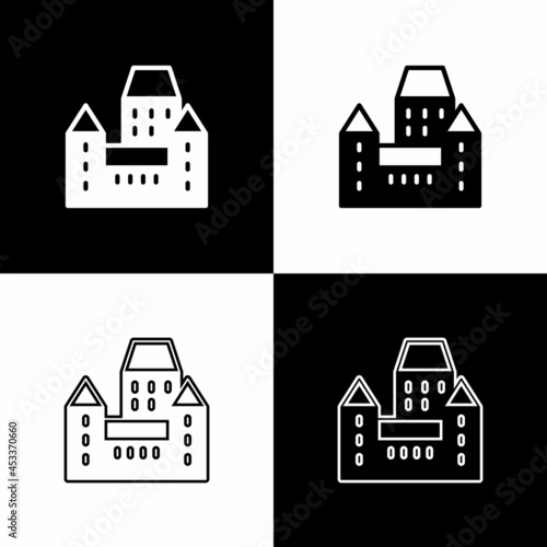 Set Chateau Frontenac hotel in Quebec City, Canada icon isolated on black and white background. Vector