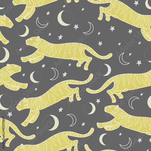 Vector seamless design of tiger contours with elements of the moon  month and stars. Wildlife. Colorful pattern. Design for fabric  packaging  posters  textiles  wallpaper  posters  prints. 