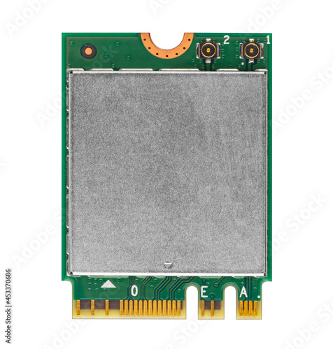 Green modern fast WLAN bluetooth M2 PCIE module chip card for notebook laptop computer isolated white background. pc hardware technology concept.