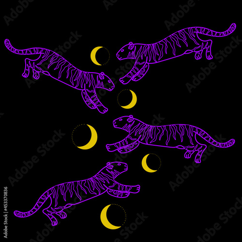 Vector seamless design of tiger contours with elements of the moon. Wildlife. Purple outline on black background. Design for fabric, packaging, posters, textiles, wallpaper, posters, prints.
