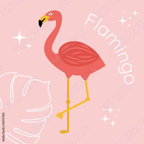 Cute pink flamingo with palm leaf on the background. Vector flat illustration.