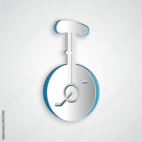 Paper cut Unicycle or one wheel bicycle icon isolated on grey background. Monowheel bicycle. Paper art style. Vector