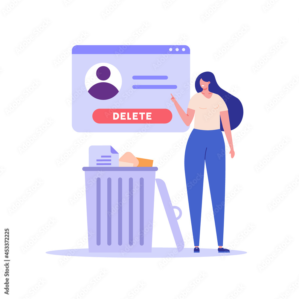 Woman standing with account or profile and trash can. User deleting social account to waste bin. Concept of delete profile, account deactivation, remove data files or page. Flat vector illustration Woman standing with account or profile and trash can. User deleting social account to waste bin. Concept of delete profile, account deactivation, remove data files or page. Flat vector illustration
