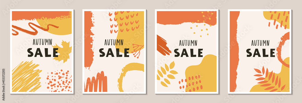 Social media stories design. Floral autumn wall art vector set. Autumn leaves and abstract shapes. Modern design, poster or sale banner template. Botanical design. Vector illustration.