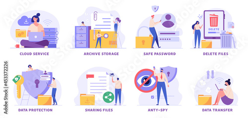 Data protection and cloud storage vector illustration set. People protecting files with safe password, sharing document and cleaning phone. Collection of archive storage, anti-spy, delete trash files