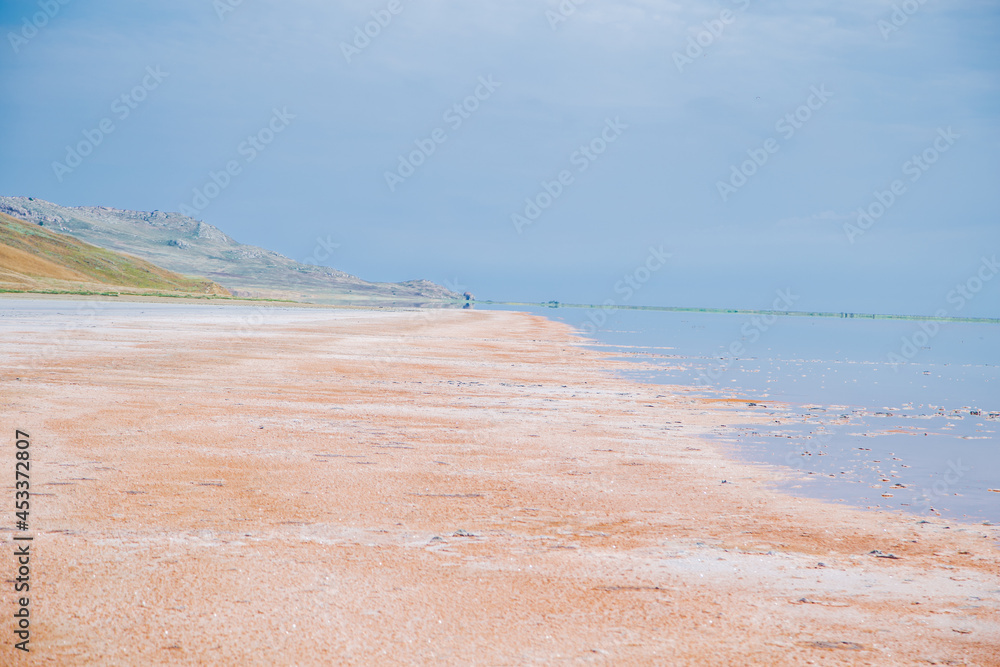 The shore of the Koyashskoye Lake is orange-pink, strewn with salt