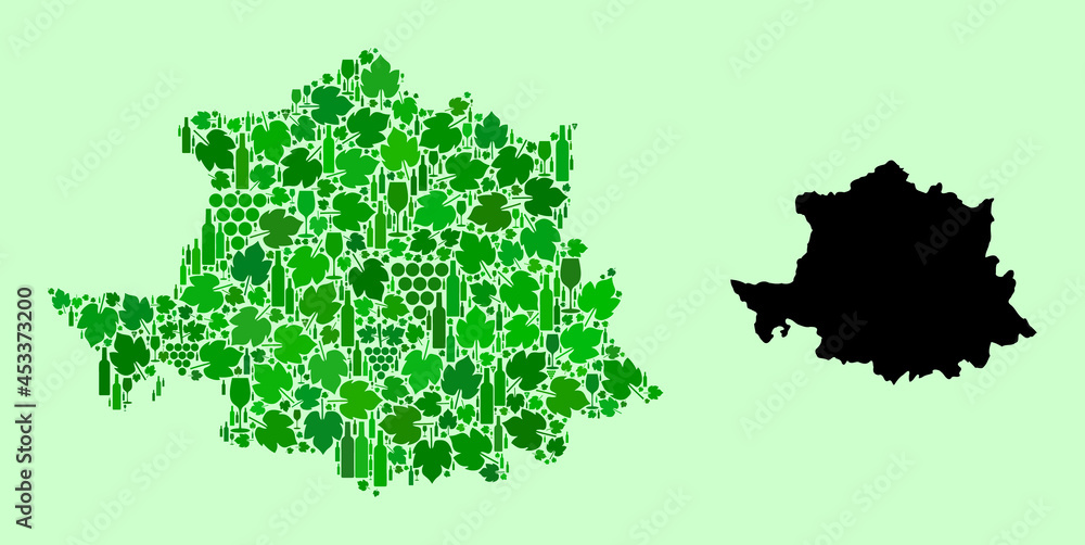 Vector Map of Caceres Province. Collage of green grape leaves, wine bottles. Map of Caceres Province collage created with bottles, grapes, green leaves. Vector Map of Caceres Province. Collage of green grape leaves, wine bottles. Map of Caceres Province collage created with bottles, grapes, green leaves.