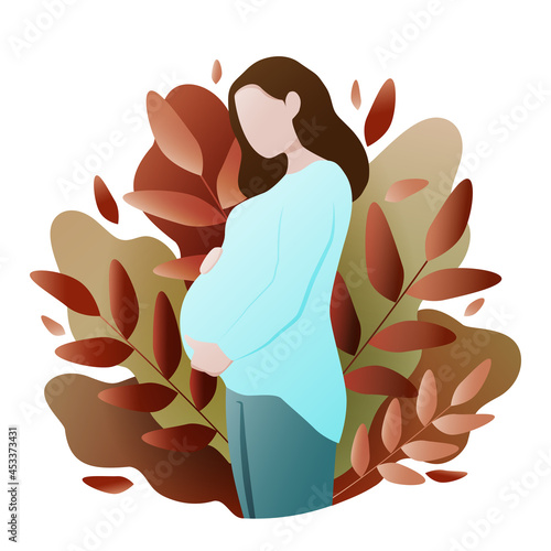 A pregnant woman gently hugs her stomach on an autumn background with leaves. Vector illustration in a flat style.