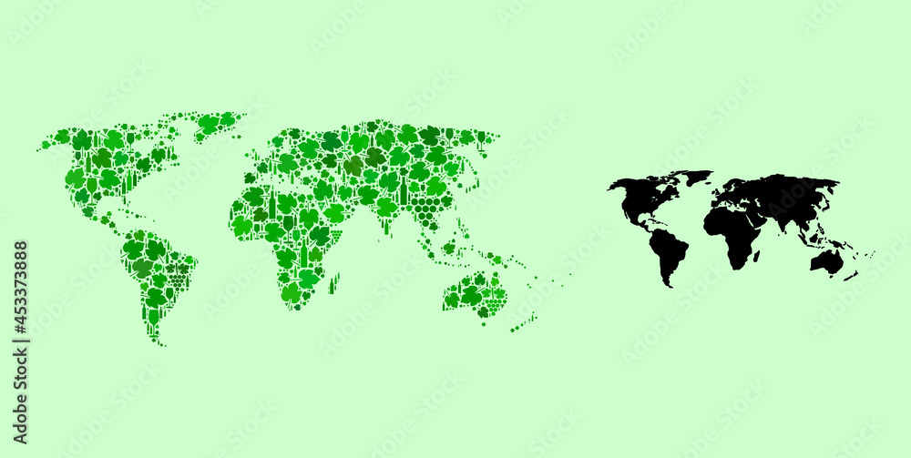 Fototapeta premium Vector Map of World. Mosaic of green grape leaves, wine bottles. Map of world mosaic created from bottles, berries, green leaves. Abstract mosaic useful for bars projects.