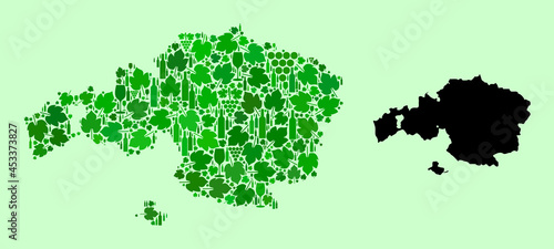 Vector Map of Vizcaya Province. Mosaic of green grape leaves  wine bottles. Map of Vizcaya Province mosaic formed with bottles  grapes  green leaves.