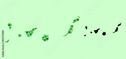 Vector Map of Canary Islands. Combination of green grape leaves, wine bottles. Map of Canary Islands mosaic composed from bottles, grapes, green leaves.