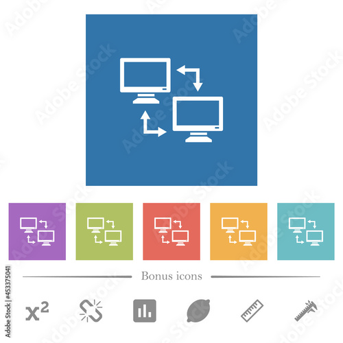 Data syncronization flat white icons in square backgrounds