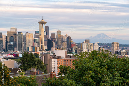 Seattle Space Needle During the Day with Mount Rainer inthe background