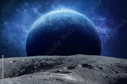 Fototapeta Naklejka Na Ścianę i Meble -  Moon surface and planet in outer space. Satellite of Earth. Apollo. Asteroid with craters. Artemis space program. Elements of this image furnished by NASA