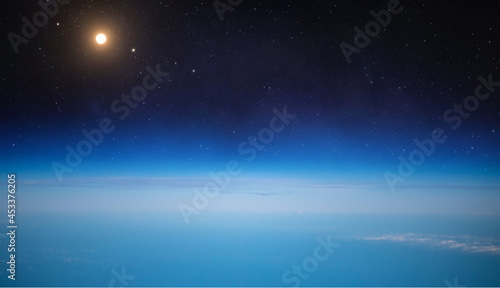 Stratosphere of Earth planet. Orbit. Atmosphere of Earth. Border of outer space. Blue sky. Elements of this image furnished by NASA