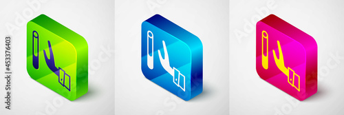 Isometric Giving up cigarette icon isolated on grey background. Tobacco sign. Smoking symbol. Healthy lifestyle. Square button. Vector