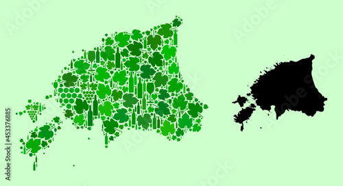 Vector Map of Estonia. Collage of green grape leaves, wine bottles. Map of Estonia collage composed with bottles, grapes, green leaves. Abstract collage is useful for marketing agitation.