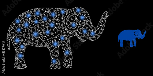 Magic mesh vector elephant with glare effect. White mesh, glare spots on a black background with elephant icon. Mesh and glare elements are placed on different layers.