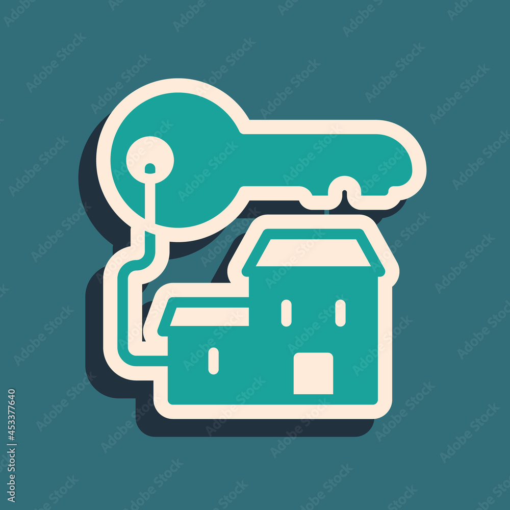 Green Winning house with key icon isolated on green background. Long shadow style. Vector