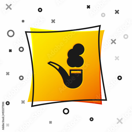 Black Smoking pipe with smoke icon isolated on white background. Tobacco pipe. Yellow square button. Vector