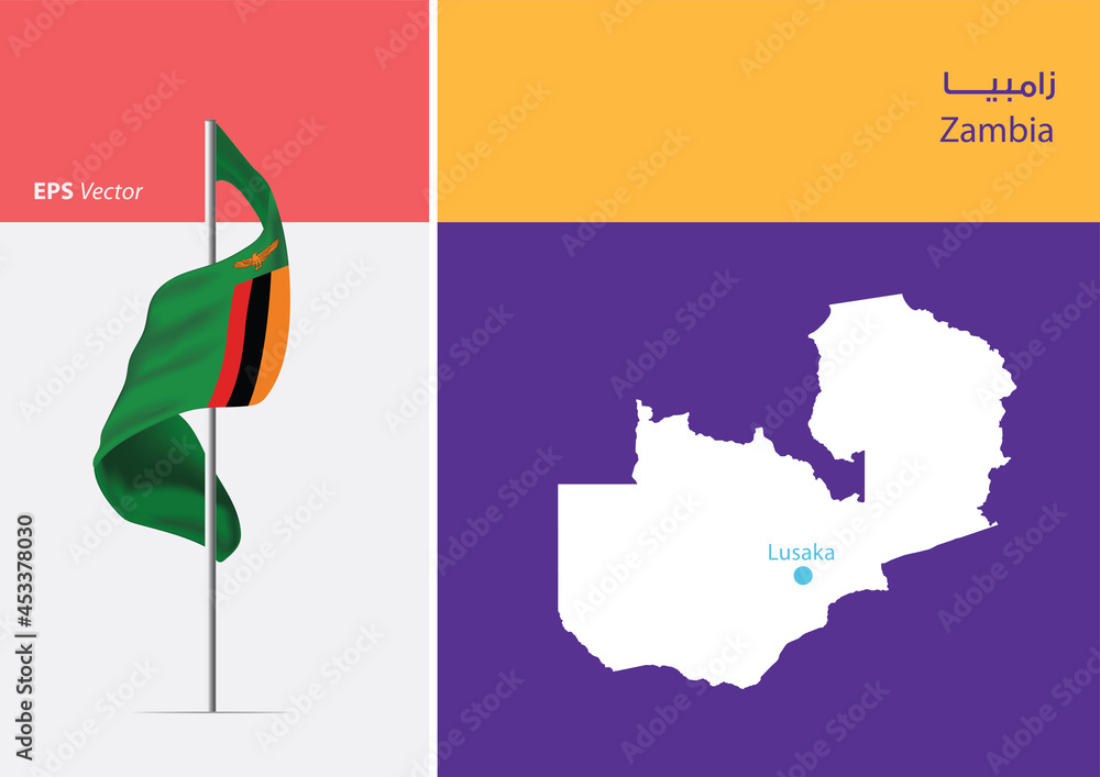 Vecteur Stock Flag of Zambia on white background. Map of Zambia with