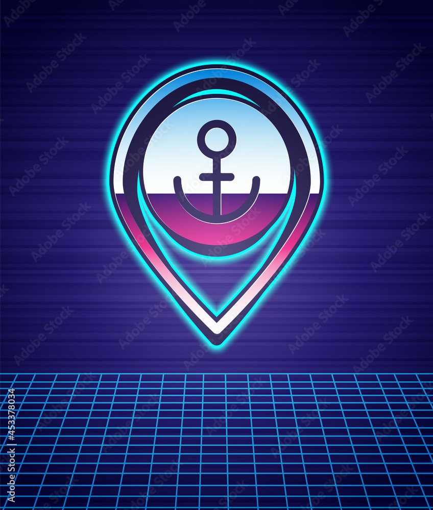 Retro style Map pointer with anchor icon isolated futuristic landscape background. 80s fashion party. Vector Retro style Map pointer with anchor icon isolated futuristic landscape background. 80s fashion party. Vector