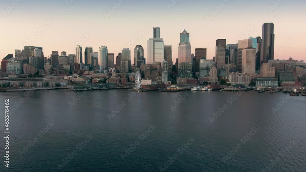 Aerial: Downtown Seattle waterfront at sunset, Washington, USA Aerial: Downtown Seattle waterfront at sunset, Washington, USA