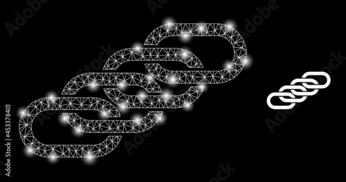 Magic mesh vector chain union with glare effect. White mesh, glare spots on a black background with chain union icon. Mesh and lightspot elements are placed on different layers.