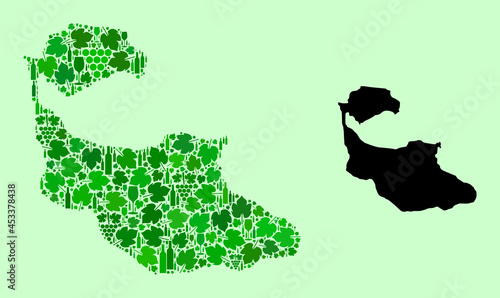 Vector Map of Tiran Island. Mosaic of green grape leaves, wine bottles. Map of Tiran Island mosaic created with bottles, grapes, green leaves. Abstract mosaic useful for political propaganda. photo