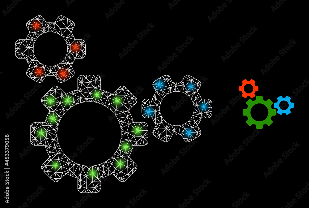 Bright mesh vector top gear with glare effect. White mesh, bright spots on a black background with top gear icon. Mesh and glare elements are placed on different layers. Bright mesh vector top gear with glare effect. White mesh, bright spots on a black background with top gear icon. Mesh and glare elements are placed on different layers.
