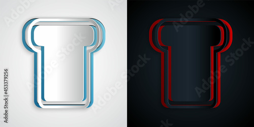 Paper cut Bread toast for sandwich piece of roasted crouton icon isolated on grey and black background. Lunch, dinner, breakfast snack. Paper art style. Vector