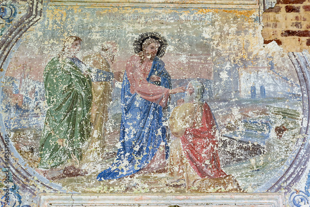 Naklejka premium wall painting inside an abandoned Orthodox church