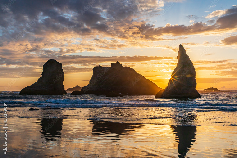 Sea stacks on the Oregon coast at sunset.